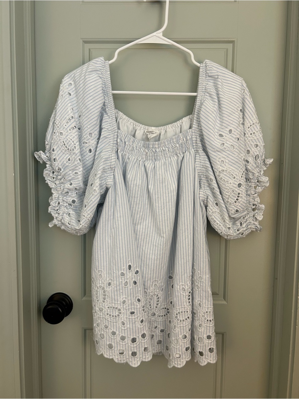 Chic Soul Light Blue Striped Eyelet Puff-Sleeve Blouse